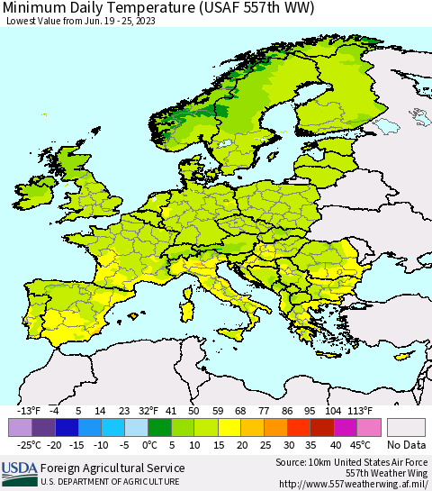 Europe Minimum Daily Temperature (USAF 557th WW) Thematic Map For 6/19/2023 - 6/25/2023