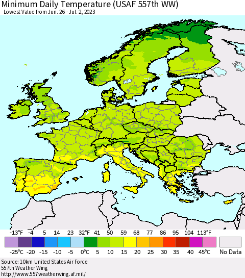 Europe Minimum Daily Temperature (USAF 557th WW) Thematic Map For 6/26/2023 - 7/2/2023