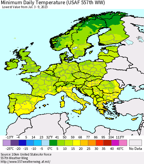 Europe Minimum Daily Temperature (USAF 557th WW) Thematic Map For 7/3/2023 - 7/9/2023