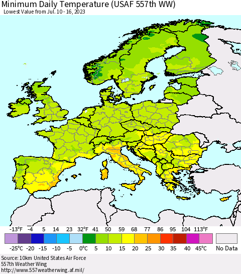 Europe Minimum Daily Temperature (USAF 557th WW) Thematic Map For 7/10/2023 - 7/16/2023
