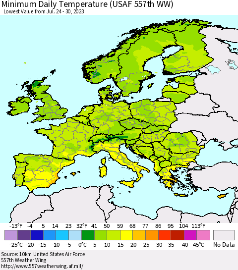 Europe Minimum Daily Temperature (USAF 557th WW) Thematic Map For 7/24/2023 - 7/30/2023