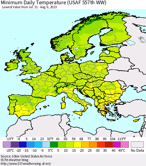 Europe Minimum Daily Temperature (USAF 557th WW) Thematic Map For 7/31/2023 - 8/6/2023