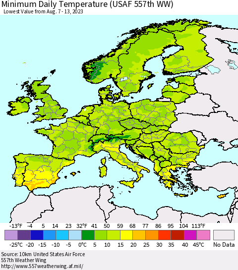 Europe Minimum Daily Temperature (USAF 557th WW) Thematic Map For 8/7/2023 - 8/13/2023