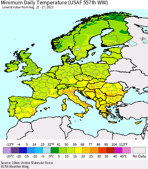 Europe Minimum Daily Temperature (USAF 557th WW) Thematic Map For 8/21/2023 - 8/27/2023