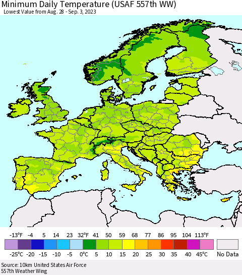 Europe Minimum Daily Temperature (USAF 557th WW) Thematic Map For 8/28/2023 - 9/3/2023