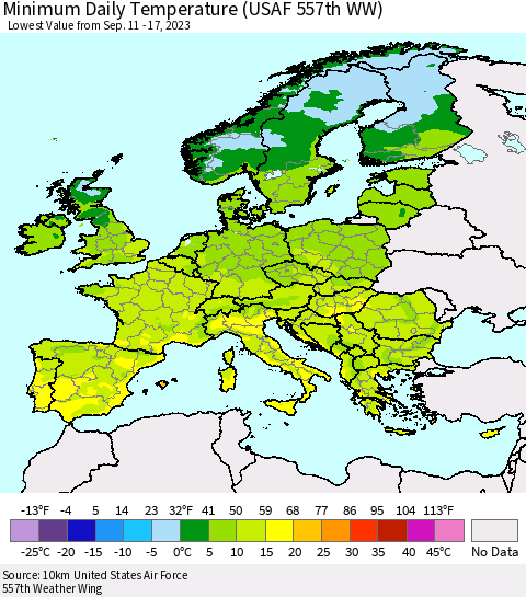 Europe Minimum Daily Temperature (USAF 557th WW) Thematic Map For 9/11/2023 - 9/17/2023