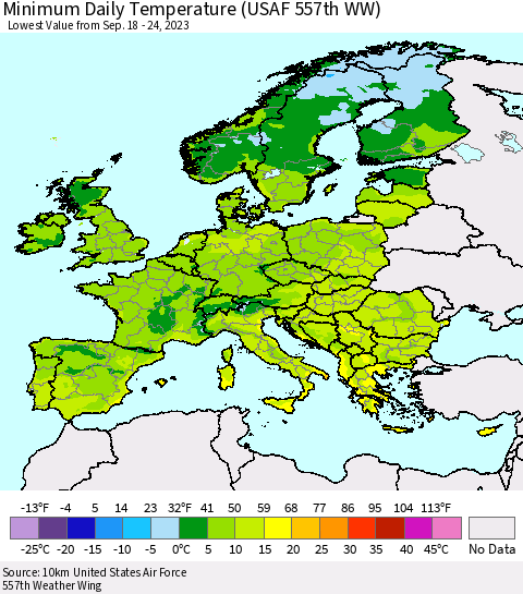 Europe Minimum Daily Temperature (USAF 557th WW) Thematic Map For 9/18/2023 - 9/24/2023