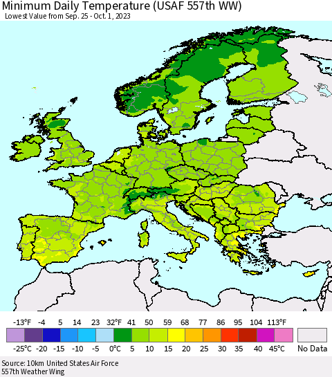 Europe Minimum Daily Temperature (USAF 557th WW) Thematic Map For 9/25/2023 - 10/1/2023