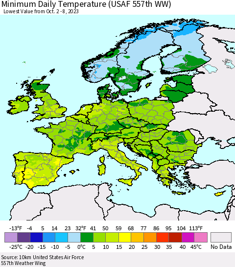 Europe Minimum Daily Temperature (USAF 557th WW) Thematic Map For 10/2/2023 - 10/8/2023