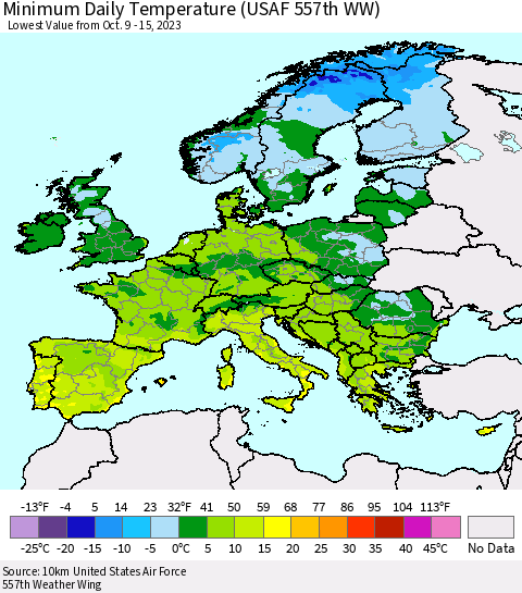 Europe Minimum Daily Temperature (USAF 557th WW) Thematic Map For 10/9/2023 - 10/15/2023