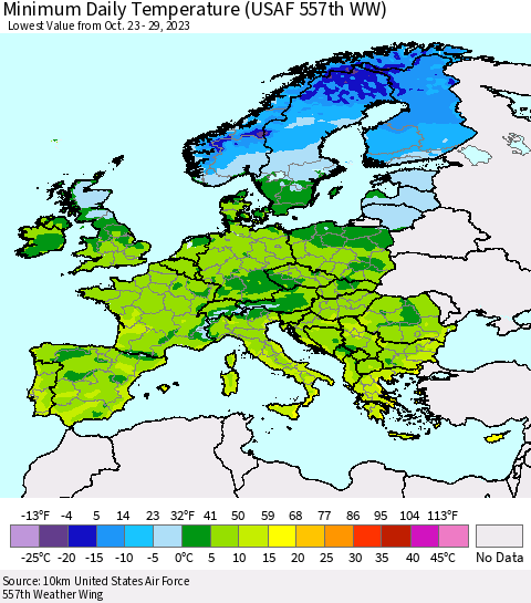Europe Minimum Daily Temperature (USAF 557th WW) Thematic Map For 10/23/2023 - 10/29/2023
