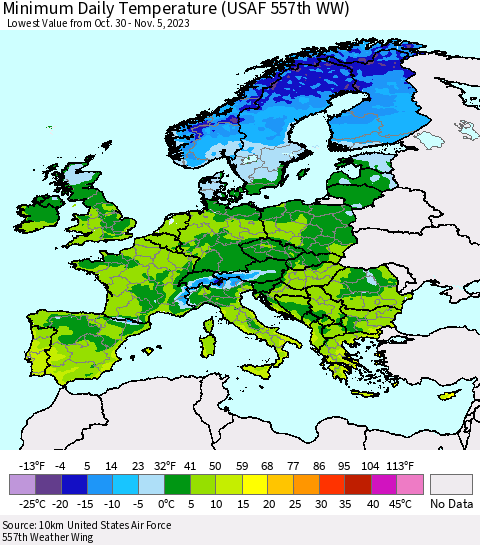 Europe Minimum Daily Temperature (USAF 557th WW) Thematic Map For 10/30/2023 - 11/5/2023