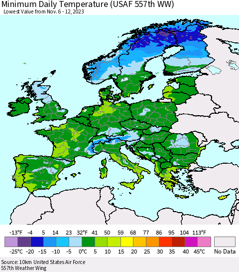 Europe Minimum Daily Temperature (USAF 557th WW) Thematic Map For 11/6/2023 - 11/12/2023