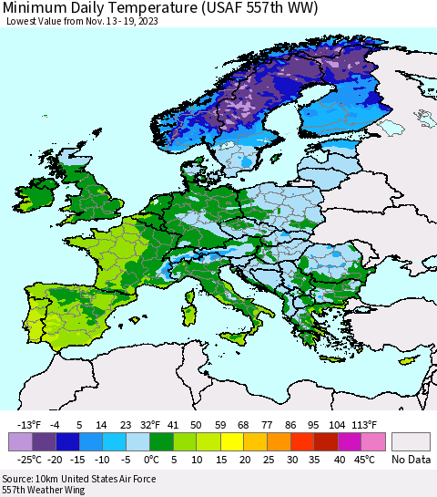 Europe Minimum Daily Temperature (USAF 557th WW) Thematic Map For 11/13/2023 - 11/19/2023