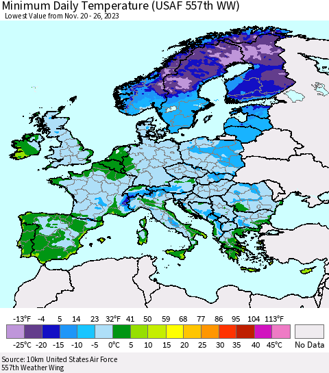 Europe Minimum Daily Temperature (USAF 557th WW) Thematic Map For 11/20/2023 - 11/26/2023