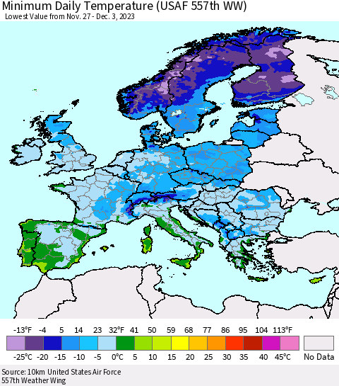Europe Minimum Daily Temperature (USAF 557th WW) Thematic Map For 11/27/2023 - 12/3/2023