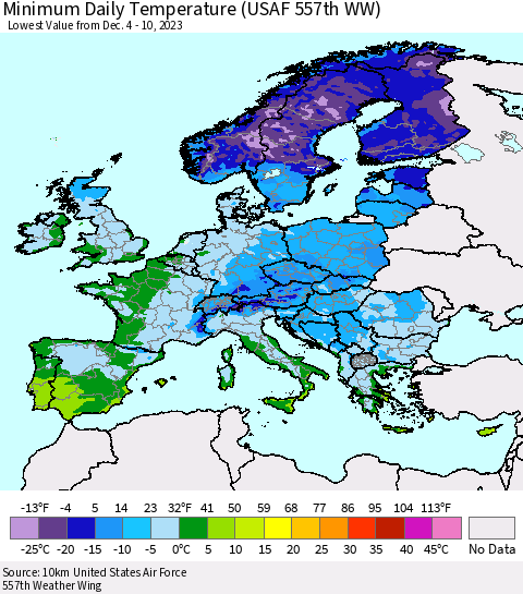 Europe Minimum Daily Temperature (USAF 557th WW) Thematic Map For 12/4/2023 - 12/10/2023
