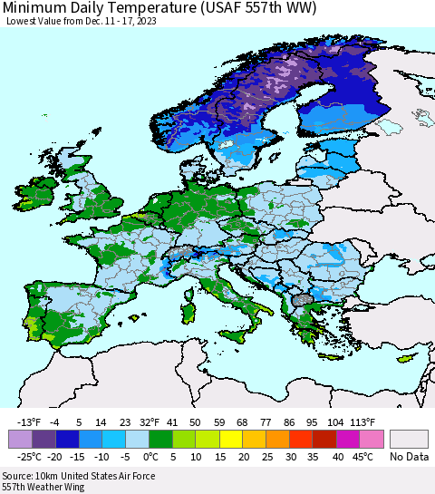 Europe Minimum Daily Temperature (USAF 557th WW) Thematic Map For 12/11/2023 - 12/17/2023