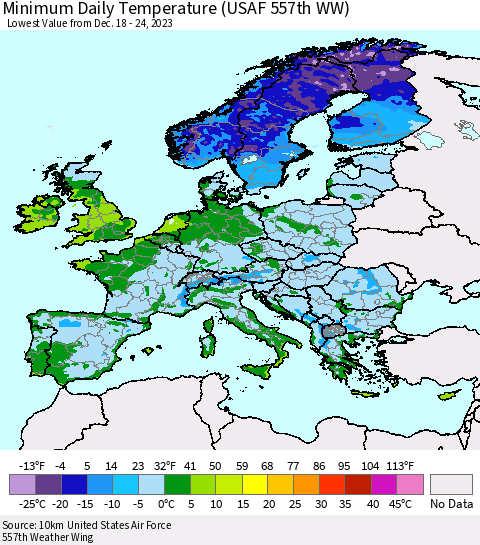 Europe Minimum Daily Temperature (USAF 557th WW) Thematic Map For 12/18/2023 - 12/24/2023