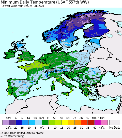 Europe Minimum Daily Temperature (USAF 557th WW) Thematic Map For 12/25/2023 - 12/31/2023