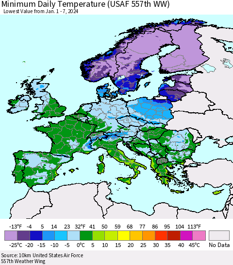 Europe Minimum Daily Temperature (USAF 557th WW) Thematic Map For 1/1/2024 - 1/7/2024