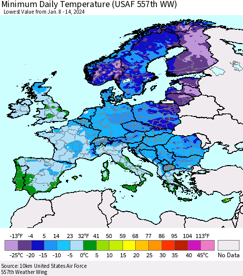 Europe Minimum Daily Temperature (USAF 557th WW) Thematic Map For 1/8/2024 - 1/14/2024