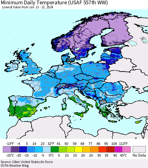 Europe Minimum Daily Temperature (USAF 557th WW) Thematic Map For 1/15/2024 - 1/21/2024