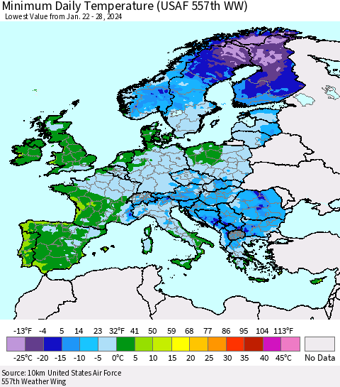 Europe Minimum Daily Temperature (USAF 557th WW) Thematic Map For 1/22/2024 - 1/28/2024