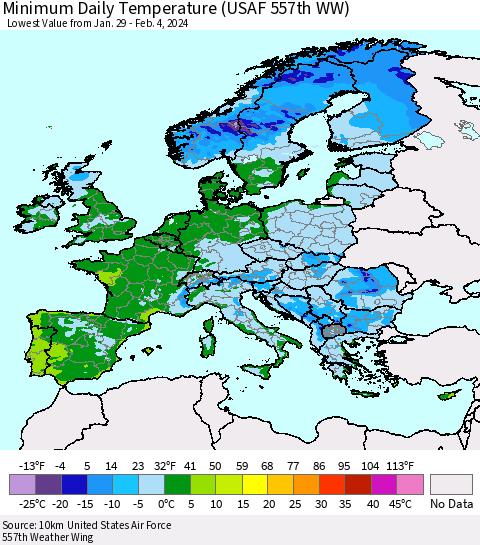 Europe Minimum Daily Temperature (USAF 557th WW) Thematic Map For 1/29/2024 - 2/4/2024
