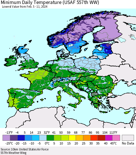 Europe Minimum Daily Temperature (USAF 557th WW) Thematic Map For 2/5/2024 - 2/11/2024