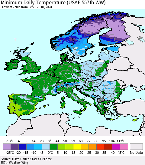 Europe Minimum Daily Temperature (USAF 557th WW) Thematic Map For 2/12/2024 - 2/18/2024