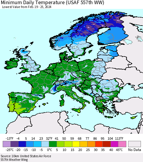 Europe Minimum Daily Temperature (USAF 557th WW) Thematic Map For 2/19/2024 - 2/25/2024