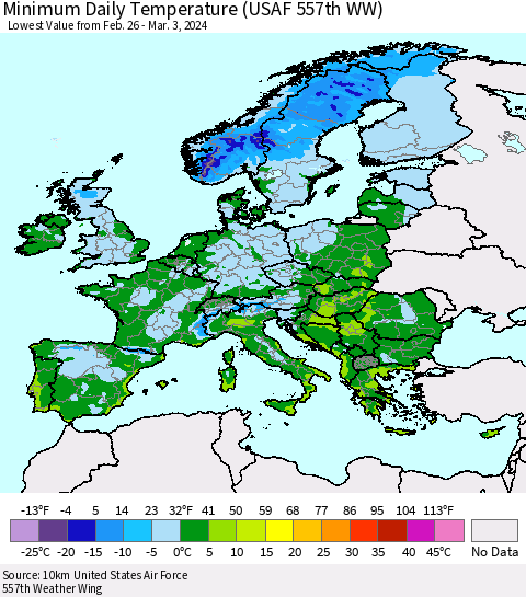 Europe Minimum Daily Temperature (USAF 557th WW) Thematic Map For 2/26/2024 - 3/3/2024