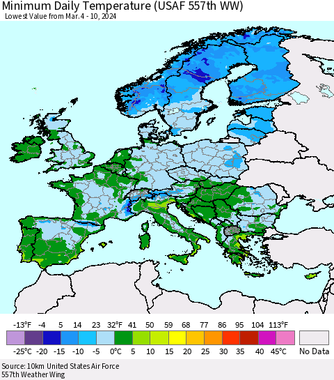 Europe Minimum Daily Temperature (USAF 557th WW) Thematic Map For 3/4/2024 - 3/10/2024