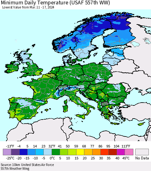 Europe Minimum Daily Temperature (USAF 557th WW) Thematic Map For 3/11/2024 - 3/17/2024
