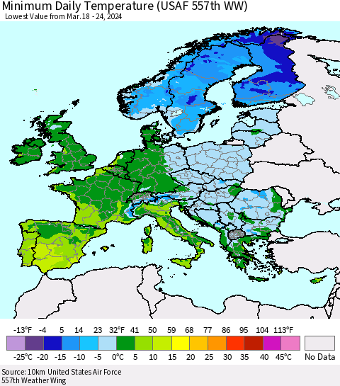 Europe Minimum Daily Temperature (USAF 557th WW) Thematic Map For 3/18/2024 - 3/24/2024