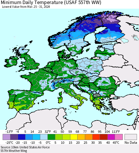 Europe Minimum Daily Temperature (USAF 557th WW) Thematic Map For 3/25/2024 - 3/31/2024