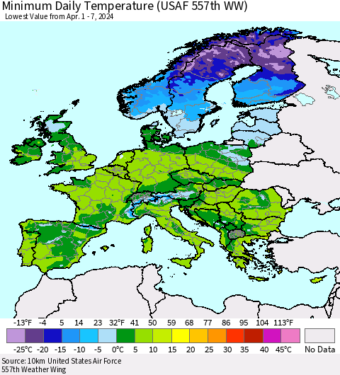 Europe Minimum Daily Temperature (USAF 557th WW) Thematic Map For 4/1/2024 - 4/7/2024