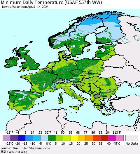 Europe Minimum Daily Temperature (USAF 557th WW) Thematic Map For 4/8/2024 - 4/14/2024