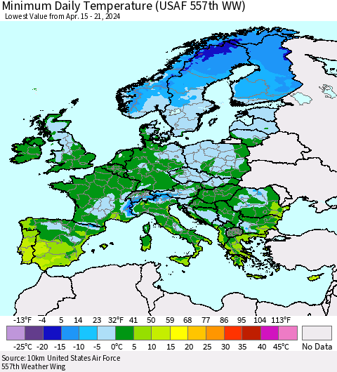 Europe Minimum Daily Temperature (USAF 557th WW) Thematic Map For 4/15/2024 - 4/21/2024