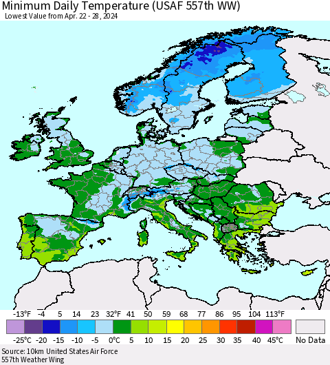 Europe Minimum Daily Temperature (USAF 557th WW) Thematic Map For 4/22/2024 - 4/28/2024