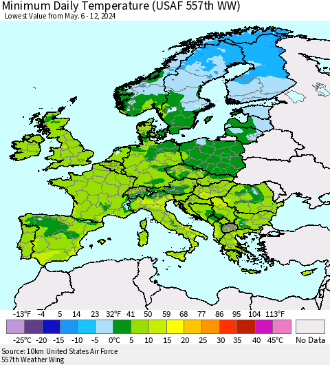 Europe Minimum Daily Temperature (USAF 557th WW) Thematic Map For 5/6/2024 - 5/12/2024