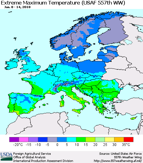 Europe Maximum Daily Temperature (USAF 557th WW) Thematic Map For 1/8/2018 - 1/14/2018
