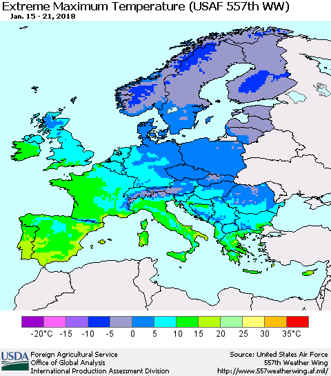 Europe Maximum Daily Temperature (USAF 557th WW) Thematic Map For 1/15/2018 - 1/21/2018