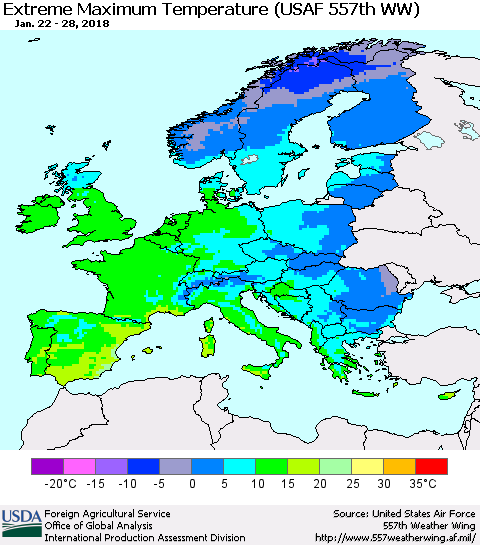 Europe Maximum Daily Temperature (USAF 557th WW) Thematic Map For 1/22/2018 - 1/28/2018