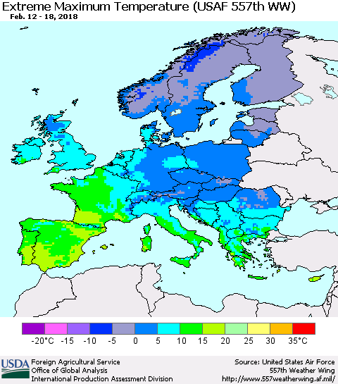 Europe Maximum Daily Temperature (USAF 557th WW) Thematic Map For 2/12/2018 - 2/18/2018