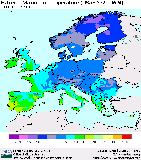Europe Maximum Daily Temperature (USAF 557th WW) Thematic Map For 2/19/2018 - 2/25/2018