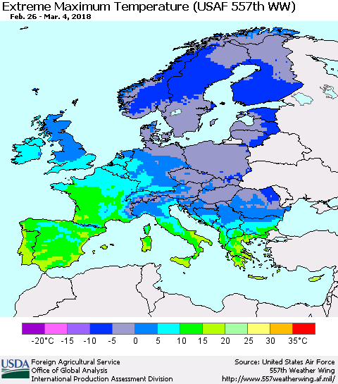 Europe Maximum Daily Temperature (USAF 557th WW) Thematic Map For 2/26/2018 - 3/4/2018