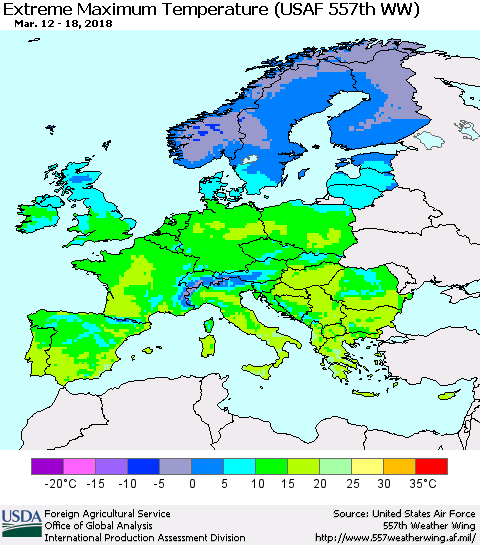 Europe Maximum Daily Temperature (USAF 557th WW) Thematic Map For 3/12/2018 - 3/18/2018