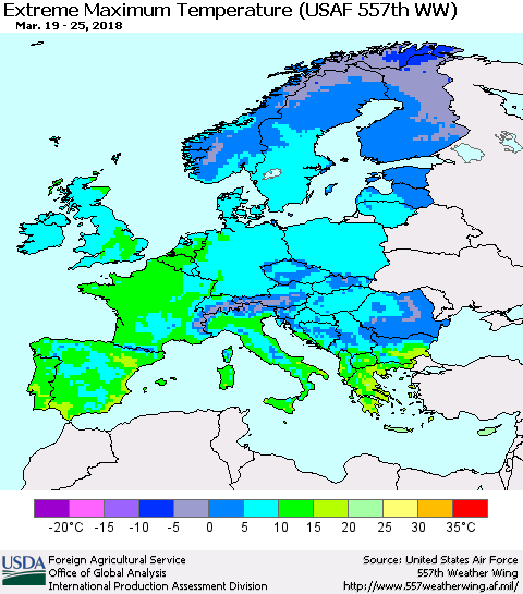 Europe Maximum Daily Temperature (USAF 557th WW) Thematic Map For 3/19/2018 - 3/25/2018
